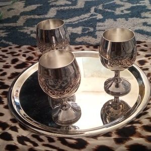 Stainless steel miniature gobblets, stainless steel spoon, fork and serving tray